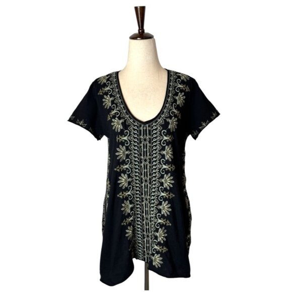 Johnny Was Tops - Johnny Was Shirt Women Small Black Cotton Knit Sean Embroidered Top Boho Cottage